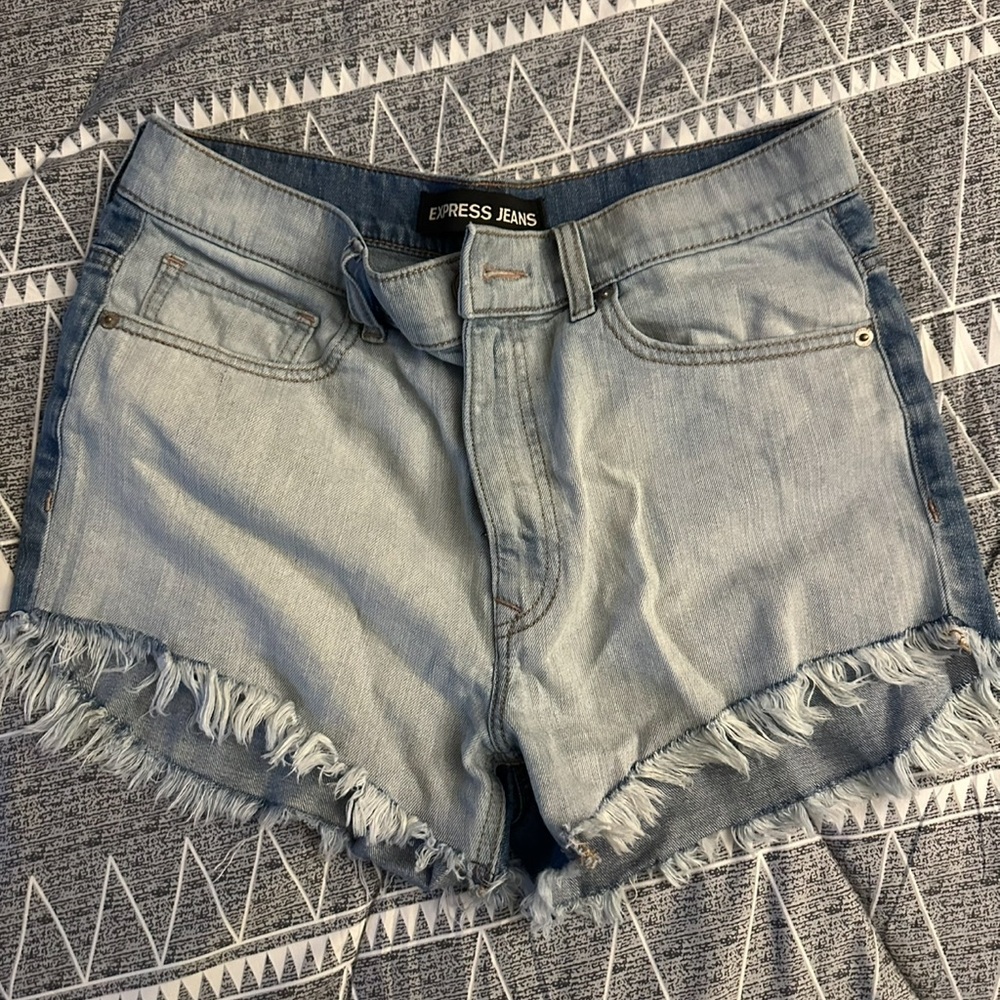 Express Two-Tone Fringe Jean Shorts